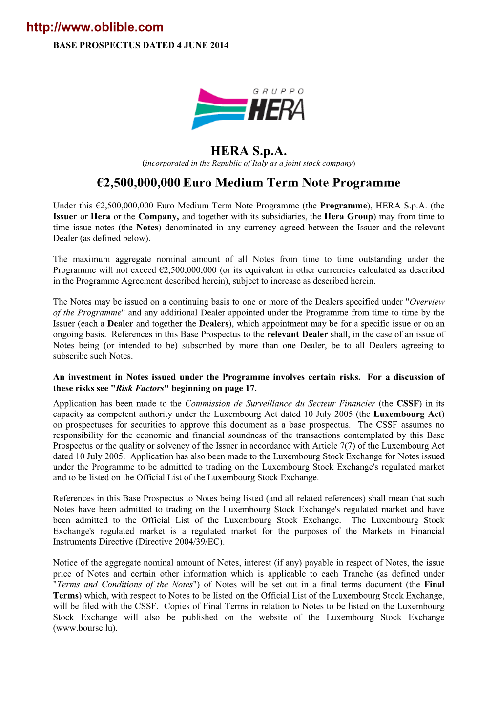 HERA S.P.A. €2,500,000,000 Euro Medium Term Note Programme