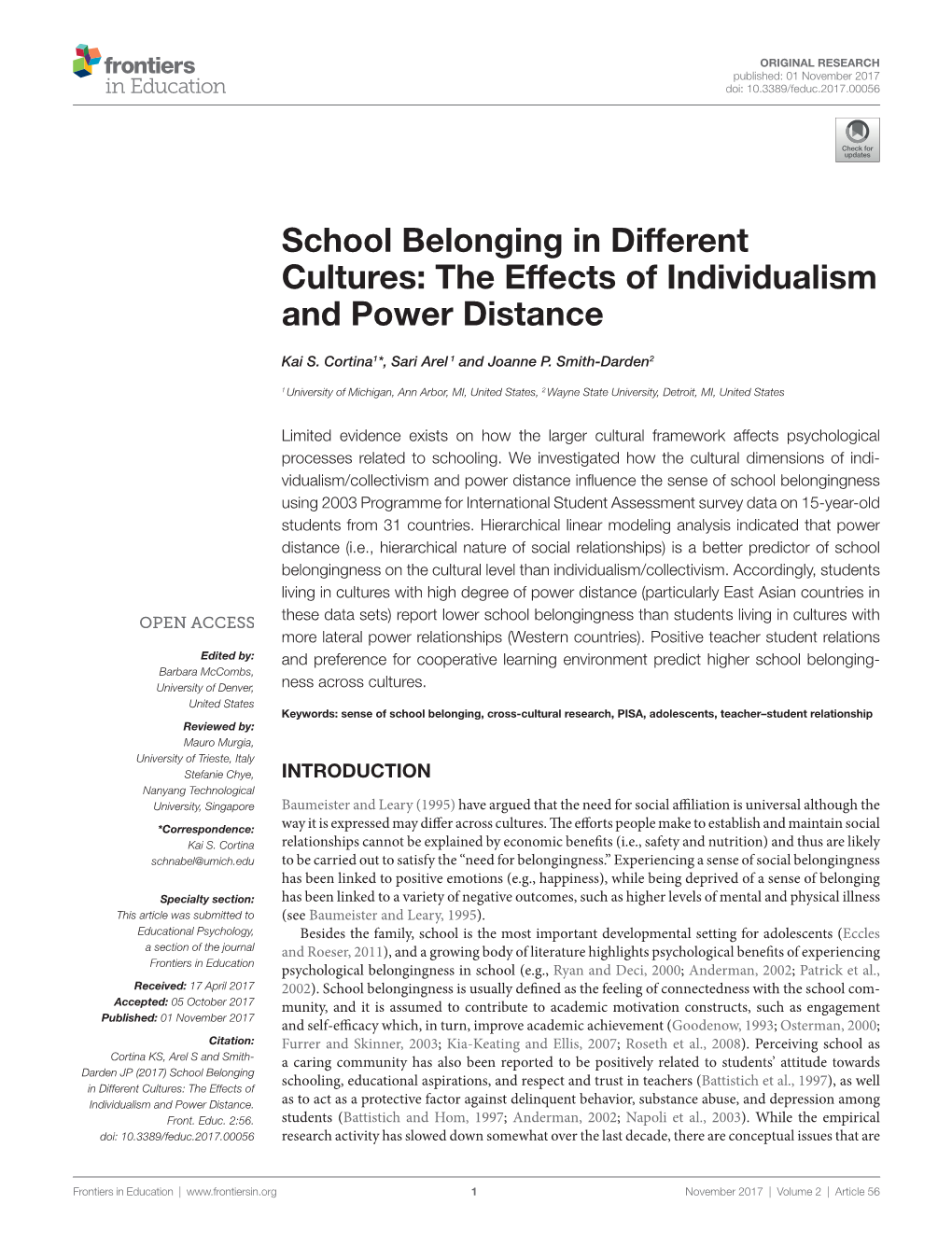 School Belonging in Different Cultures: the Effects of Individualism and Power Distance