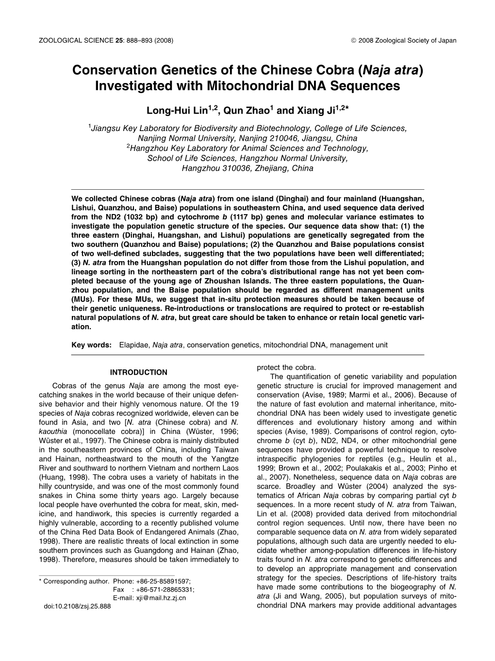 Conservation Genetics of the Chinese Cobra (Naja Atra) Investigated with Mitochondrial DNA Sequences