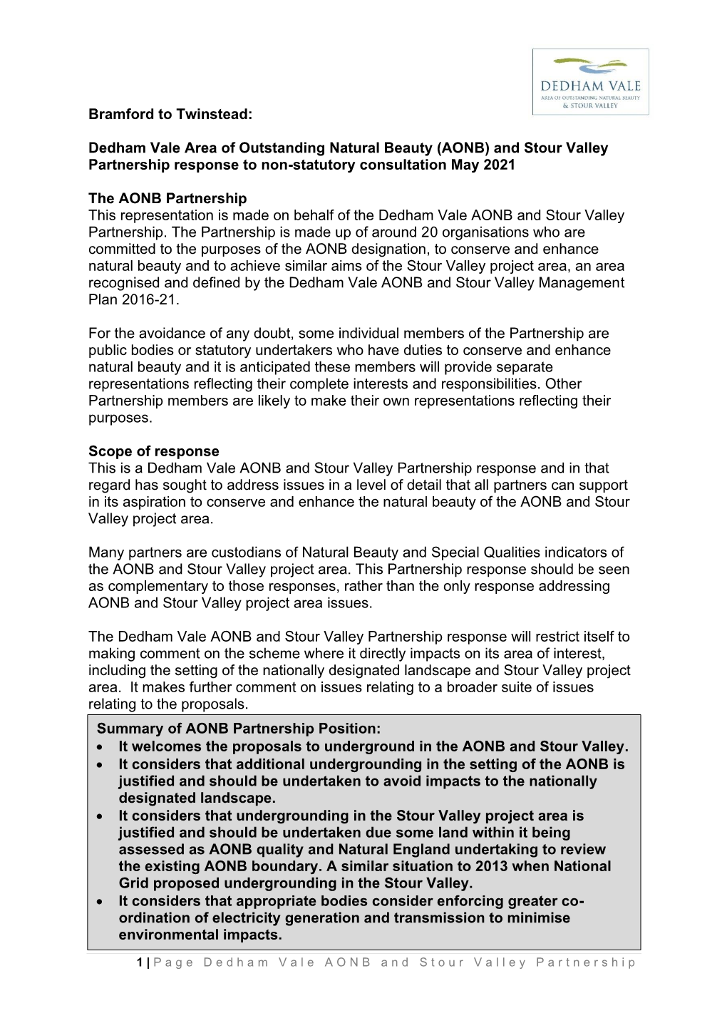 Bramford to Twinstead: Dedham Vale Area of Outstanding Natural Beauty (AONB) and Stour Valley Partnership Response to Non-Statut