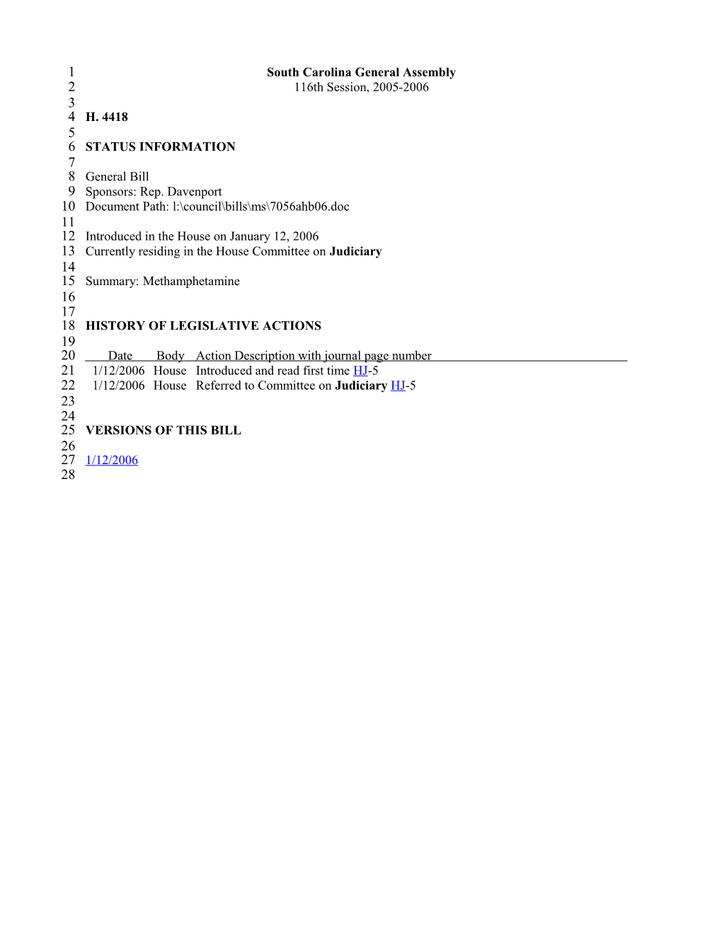 2005-2006 Bill 4418: Methamphetamine - South Carolina Legislature Online