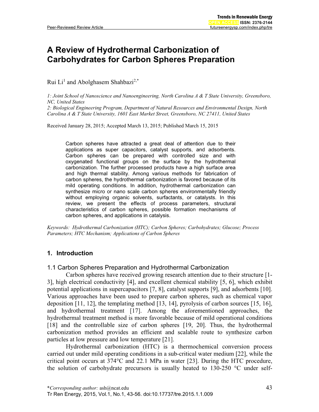 A Review of Hydrothermal Carbonization of Carbohydrates for Carbon Spheres Preparation