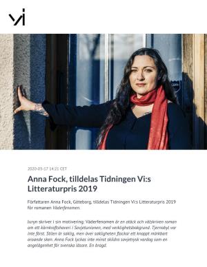 Anna Fock, Tilldelas Tidningen Vi:S Litteraturpris 2019