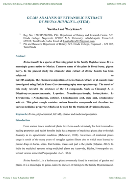Gc-Ms Analysis of Ethanolic Extract of Rivina Humilis L. (Stem)