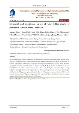 Elemental and Nutritional Values of Wild Fodder Plants of Poaceae in District Bannu, Pakistan