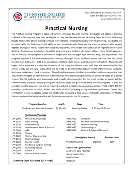 Practical Nursing the Practical Nursing Program Is Approved by the Tennessee Board of Nursing