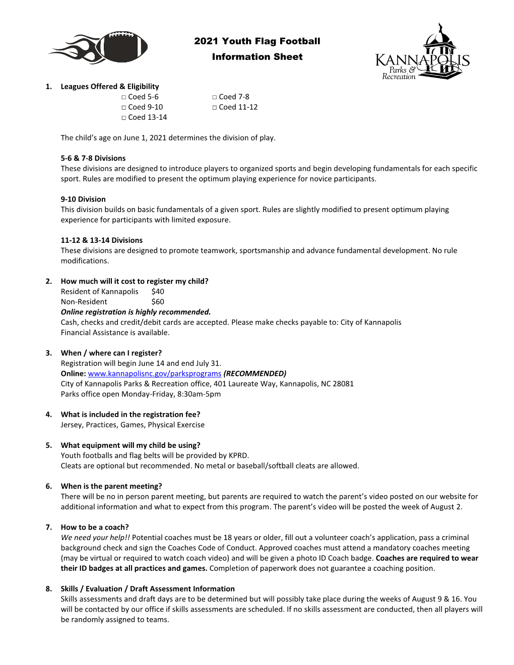 2021 Youth Flag Football Information Sheet