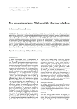 Note Tassonomiche Sul Genere Helichrysum Miller (Asteraceae) in Sardegna