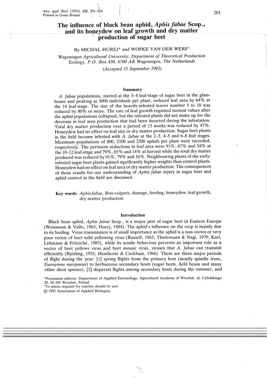 The Influence of Black Bean Aphid, Aphis Fabae Scop., and Its Hope:Rd~W 011 Leaj Growth An!} Dry 1Natter ' Production of Sugar Beet