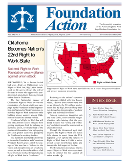 November/December 2001 Oklahoma Becomes Nation’S 22Nd Right to Work State