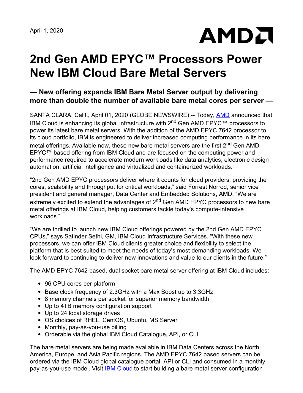 2Nd Gen AMD EPYC™ Processors Power New IBM Cloud Bare Metal Servers