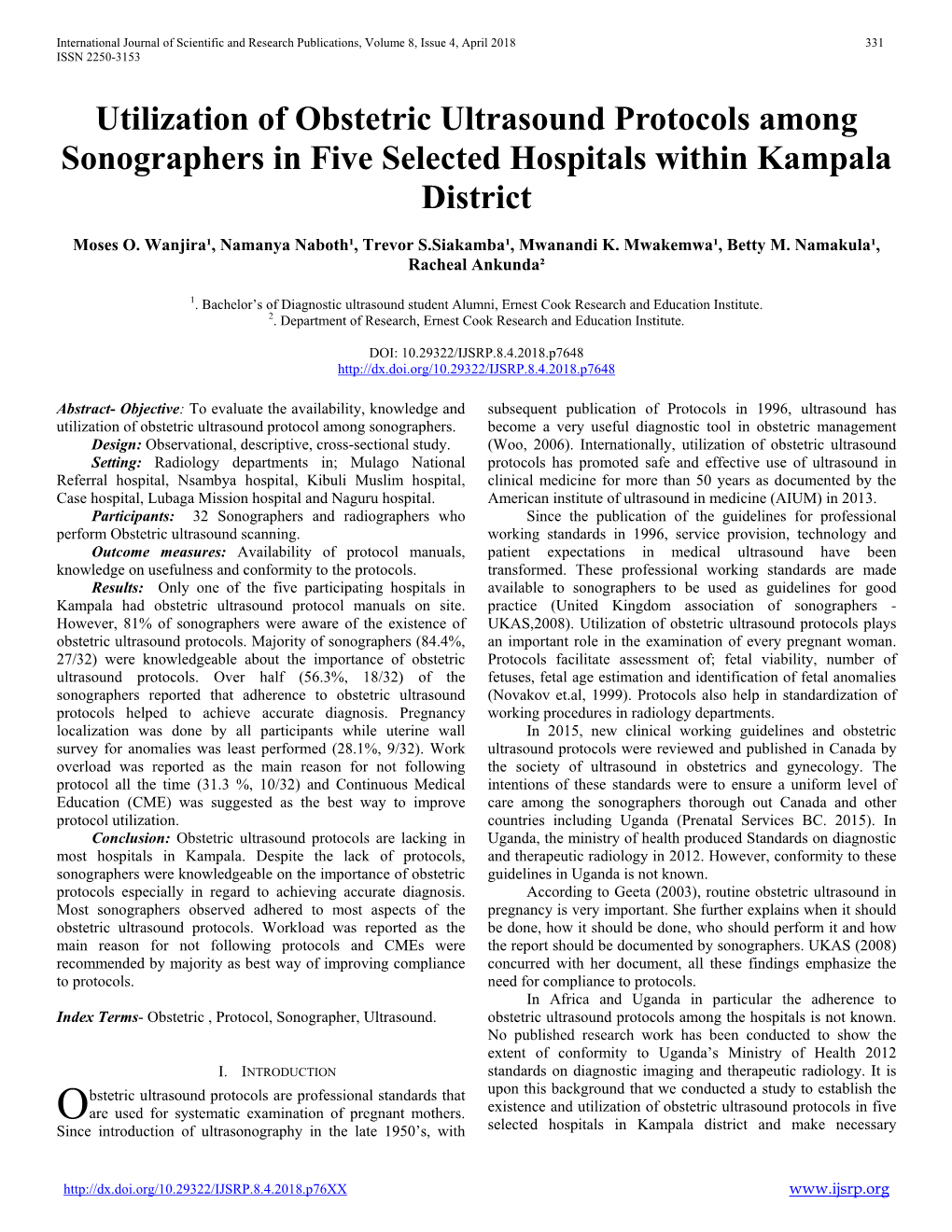 Utilization of Obstetric Ultrasound Protocols Among Sonographers in Five Selected Hospitals Within Kampala District