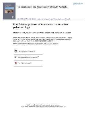 R. A. Stirton: Pioneer of Australian Mammalian Palaeontology