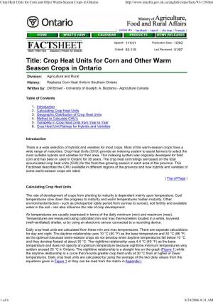 Crop Heat Units for Corn and Other Warm-Season Crops in Ontario