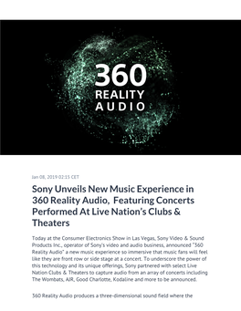 Sony Unveils New Music Experience in 360 Reality Audio, Featuring Concerts Performed at Live Nation’S Clubs & Theaters