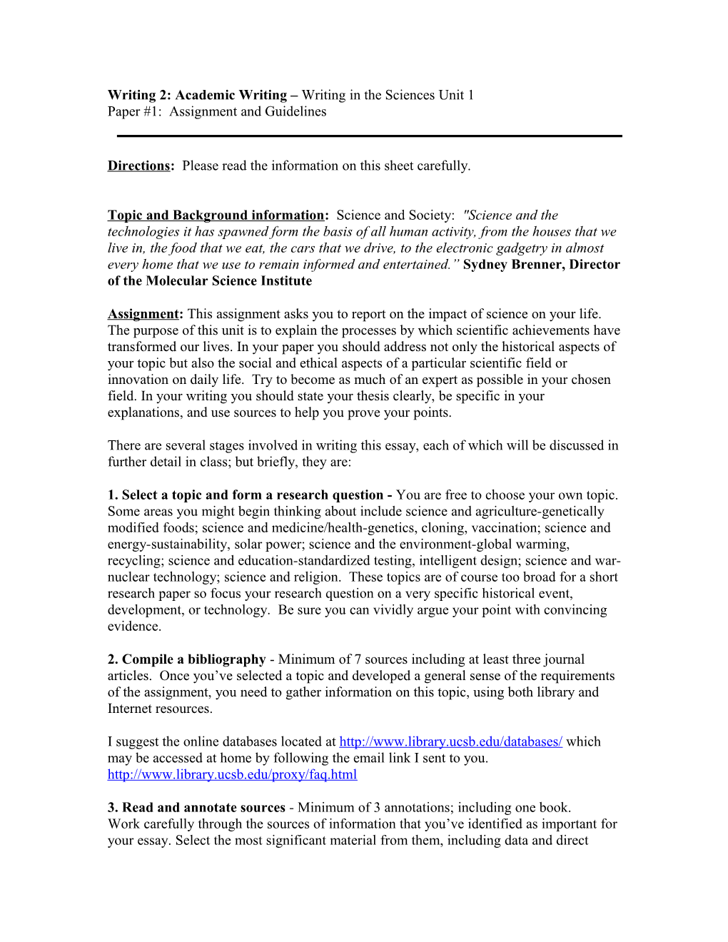 Writing 2: Academic Writing Writing in the Sciences Unit 1