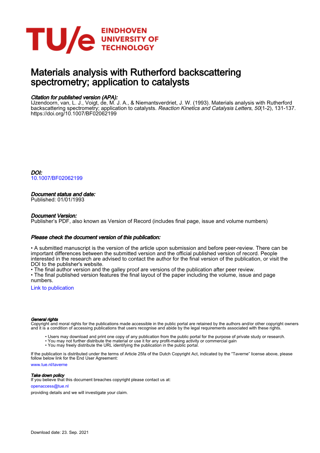 Materials Analysis with Rutherford Backscattering Spectrometry; Application to Catalysts