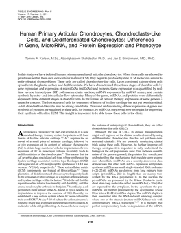 Human Primary Articular Chondrocytes, Chondroblasts-Like Cells, and Dedifferentiated Chondrocytes: Differences in Gene, Microrna, and Protein Expression and Phenotype