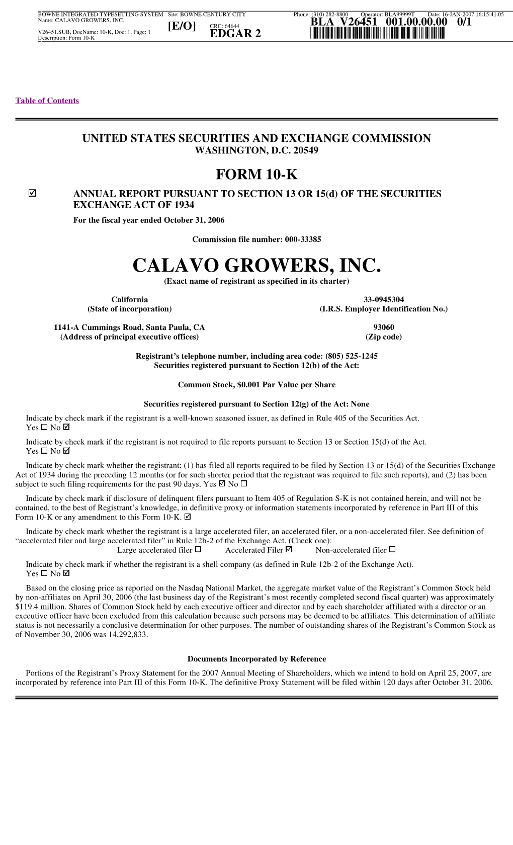 Form 10-K for the Fiscal Year Ended October 31, 2006