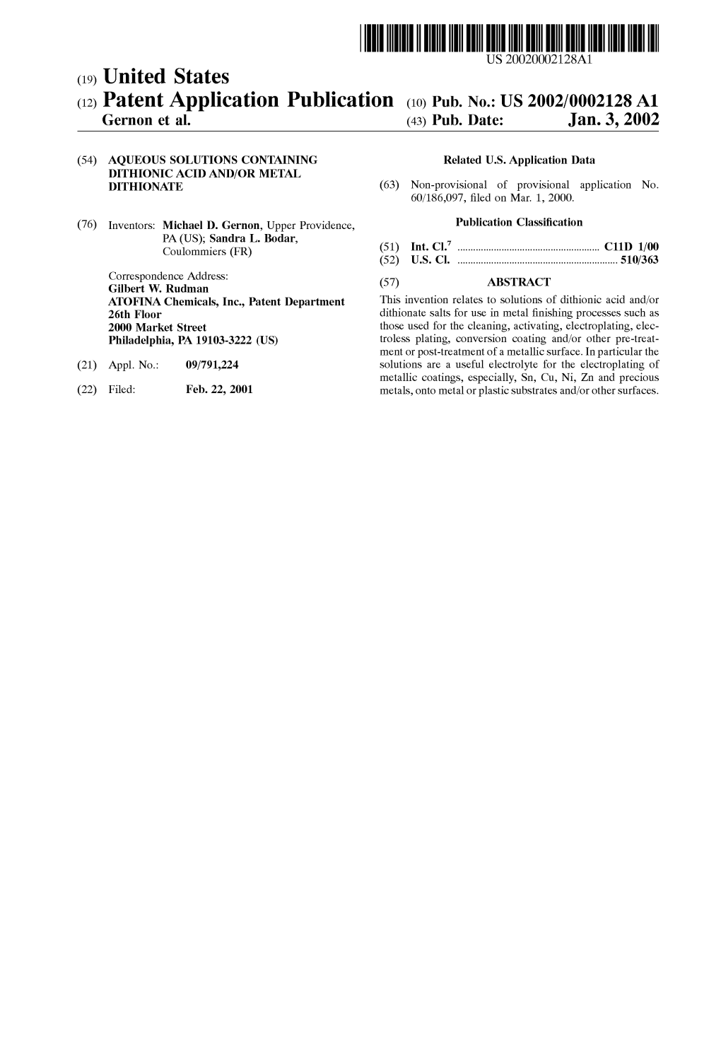 US 2002/0002128A1 Gernon Et Al