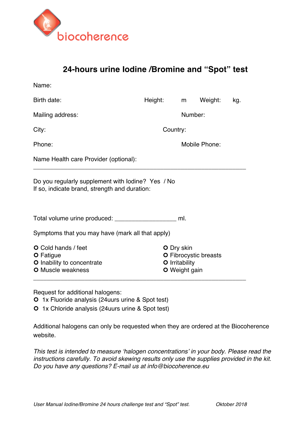 24-Hours Urine Iodine /Bromine and “Spot” Test