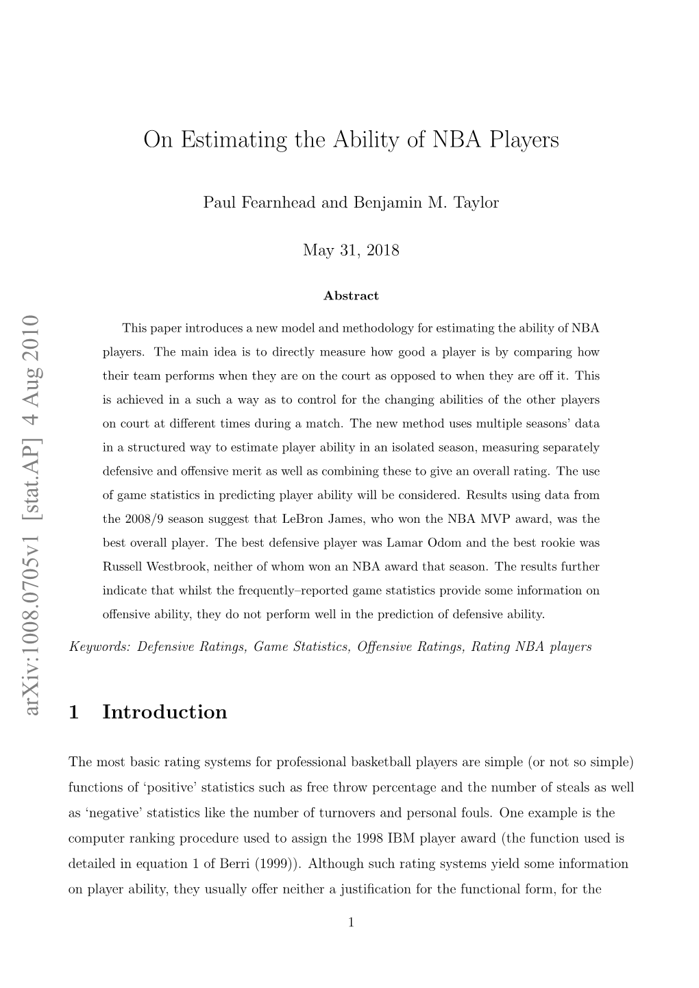 On Estimating the Ability of NBA Players Arxiv:1008.0705V1 [Stat.AP]