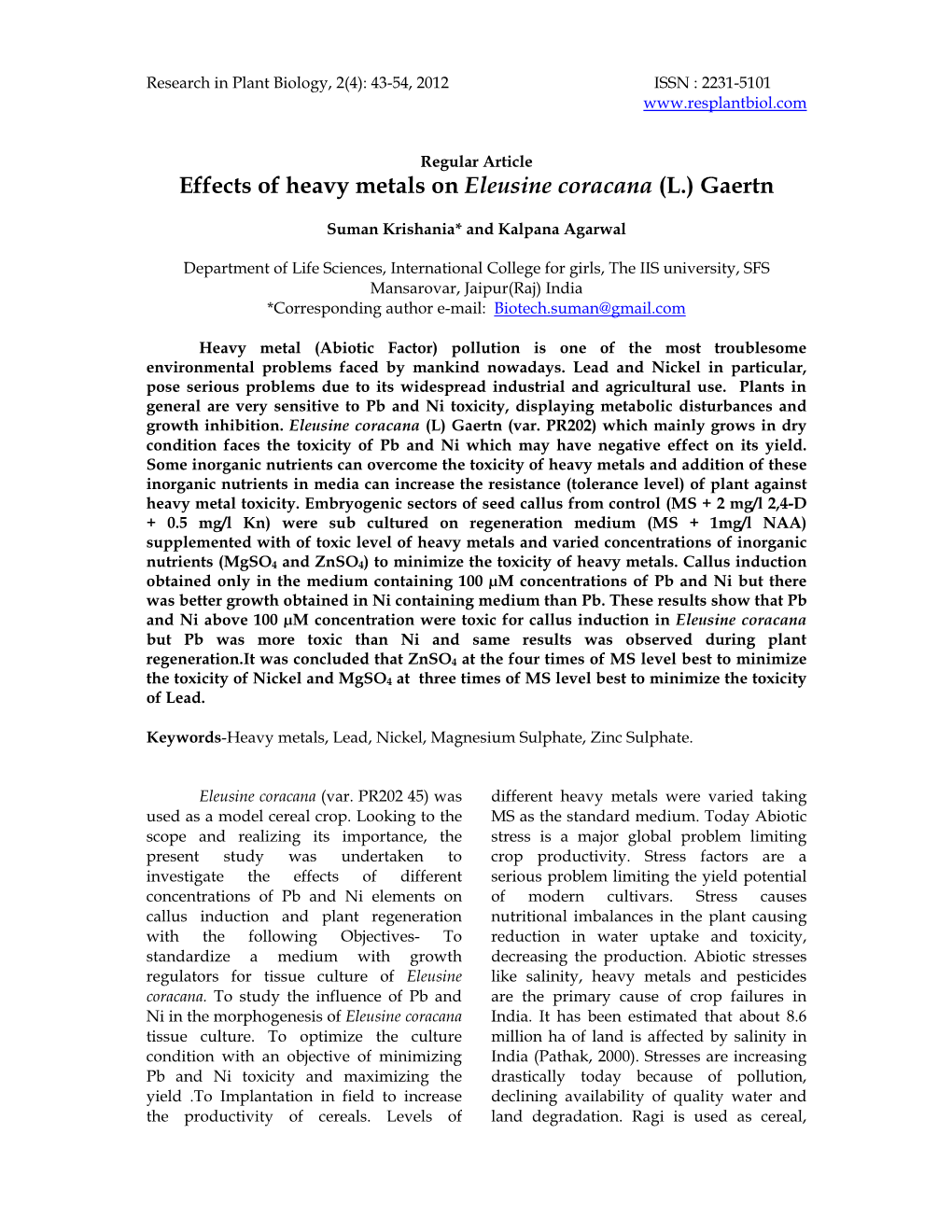 Effects of Heavy Metals on Eleusine Coracana (L.) Gaertn