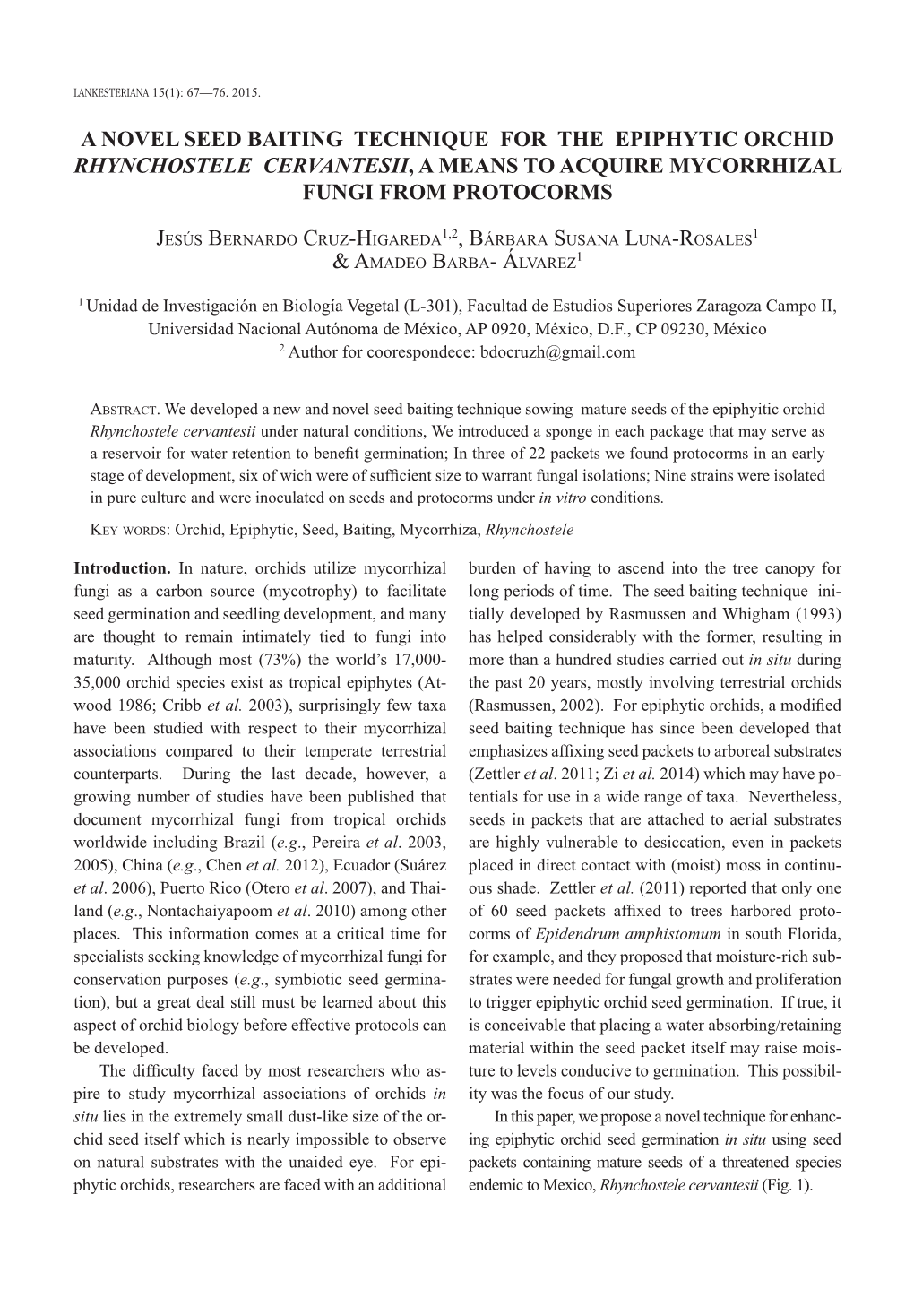 A Novel Seed Baiting Technique for the Epiphytic Orchid Rhynchostele Cervantesii, a Means to Acquire Mycorrhizal Fungi from Protocorms