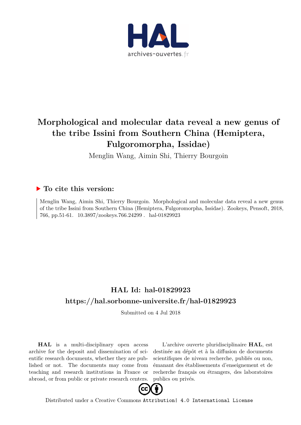 Hemiptera, Fulgoromorpha, Issidae) Menglin Wang, Aimin Shi, Thierry Bourgoin