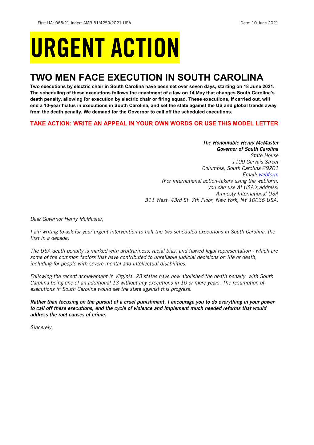 TWO MEN FACE EXECUTION in SOUTH CAROLINA Two Executions by Electric Chair in South Carolina Have Been Set Over Seven Days, Starting on 18 June 2021