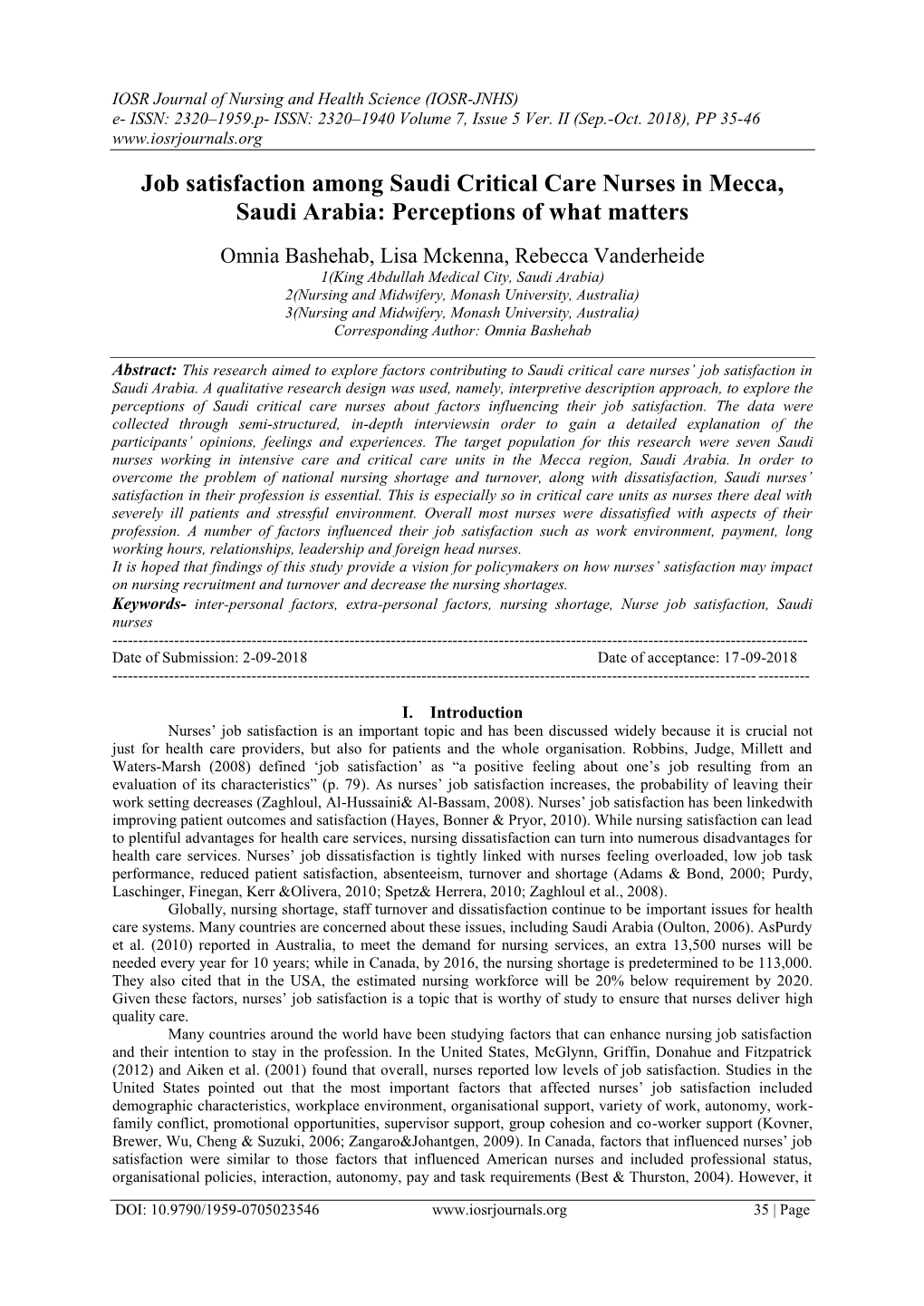 Job Satisfaction Among Saudi Critical Care Nurses in Mecca, Saudi Arabia: Perceptions of What Matters