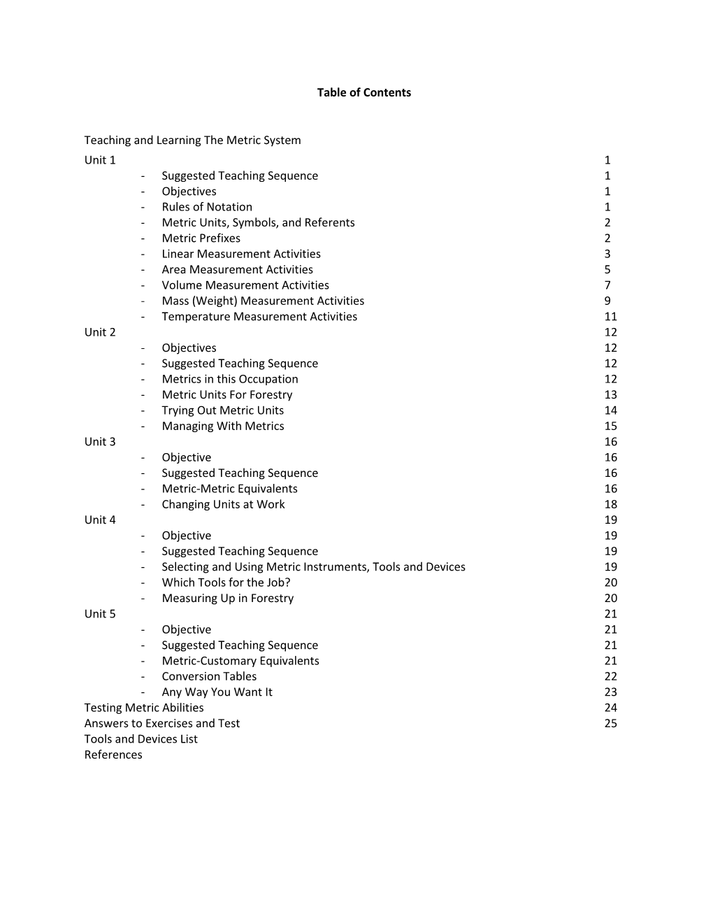 Table of Contents Teaching and Learning the Metric System Unit 1