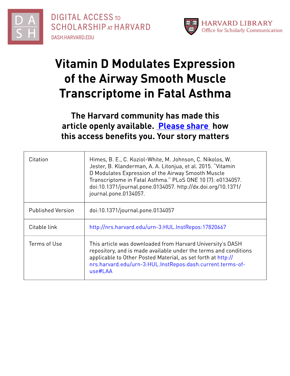 Vitamin D Modulates Expression of the Airway Smooth Muscle Transcriptome in Fatal Asthma