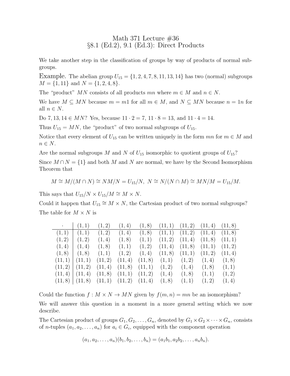 Math 371 Lecture #36 §8.1 (Ed.2), 9.1 (Ed.3): Direct Products