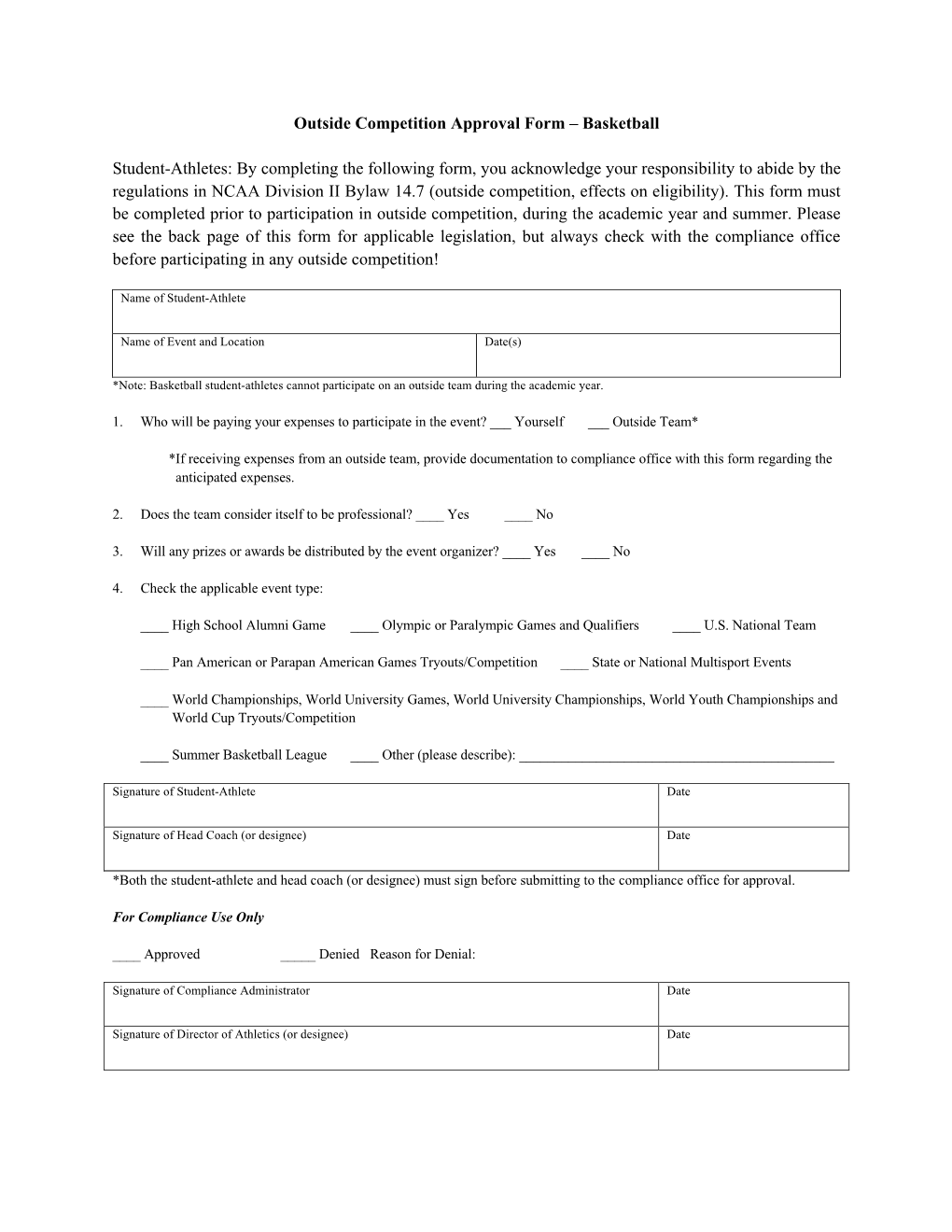 Outside Competition Approval Form – Basketball Student-Athletes