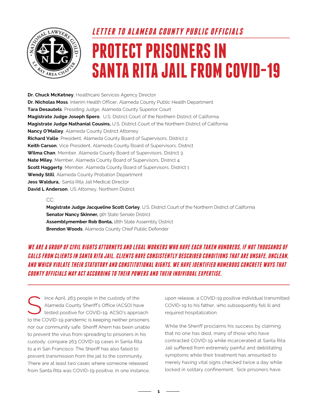 Protect Prisoners in Santa Rita Jail from COVID-19 Letter to Alameda