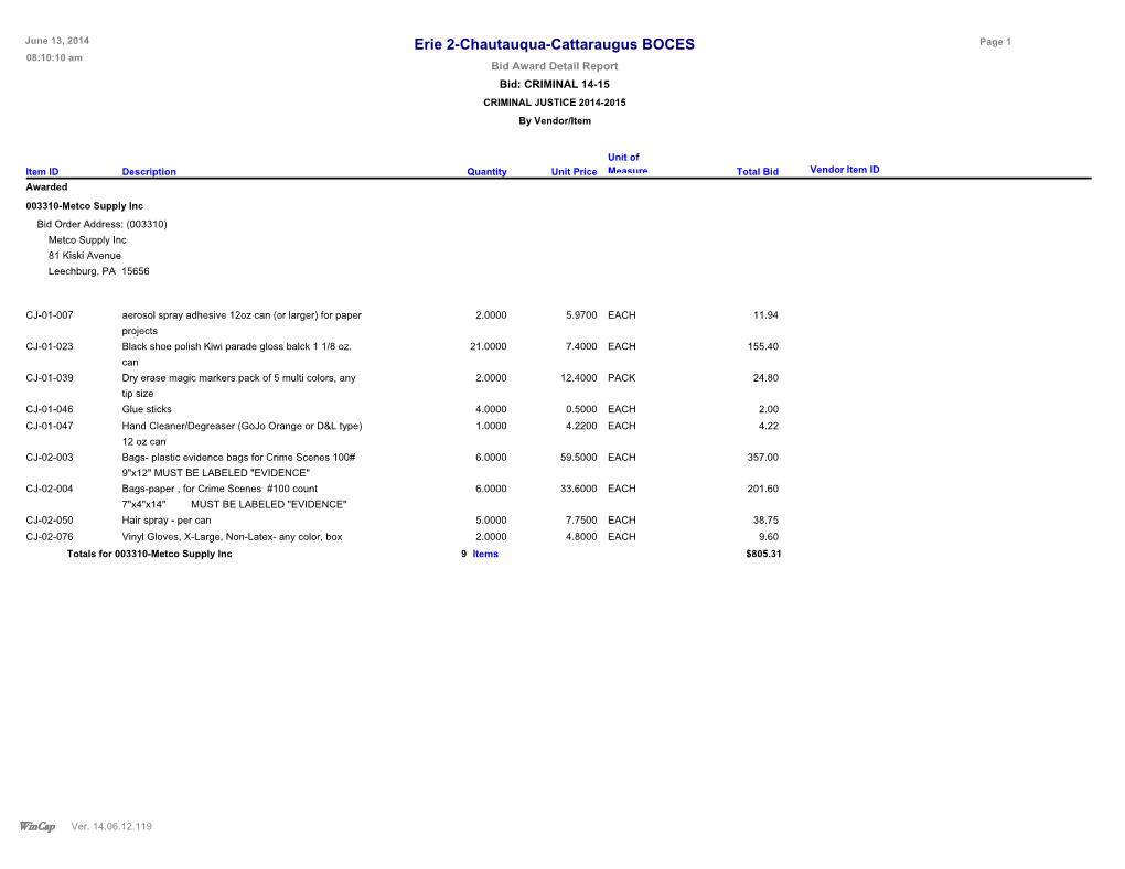 Bid Award Report