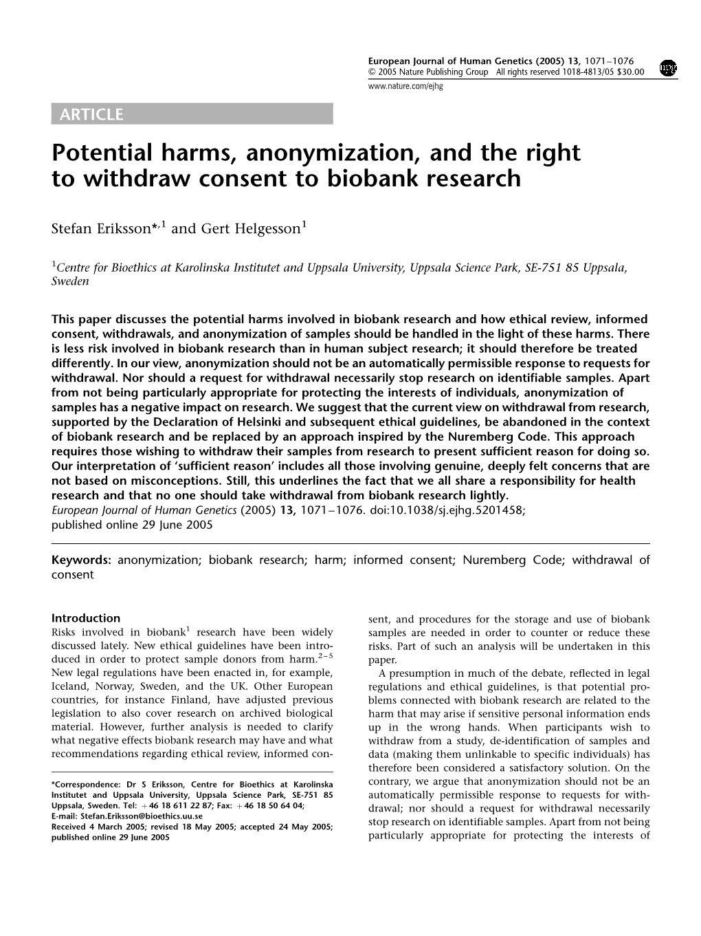 Potential Harms, Anonymization, and the Right to Withdraw Consent to Biobank Research