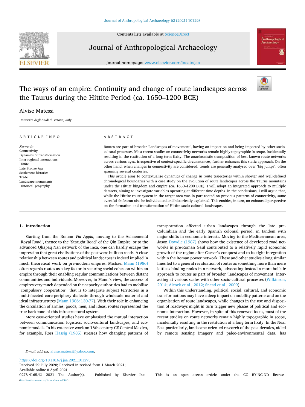 The Ways of an Empire: Continuity and Change of Route Landscapes Across the Taurus During the Hittite Period (Ca