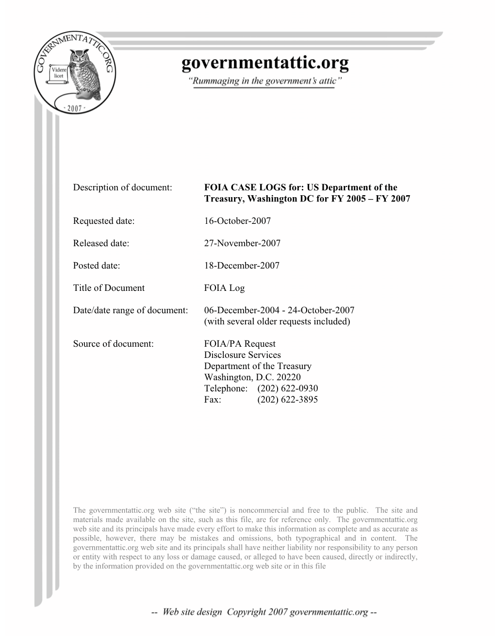 FOIA Case Logs for US Department of the Treasury