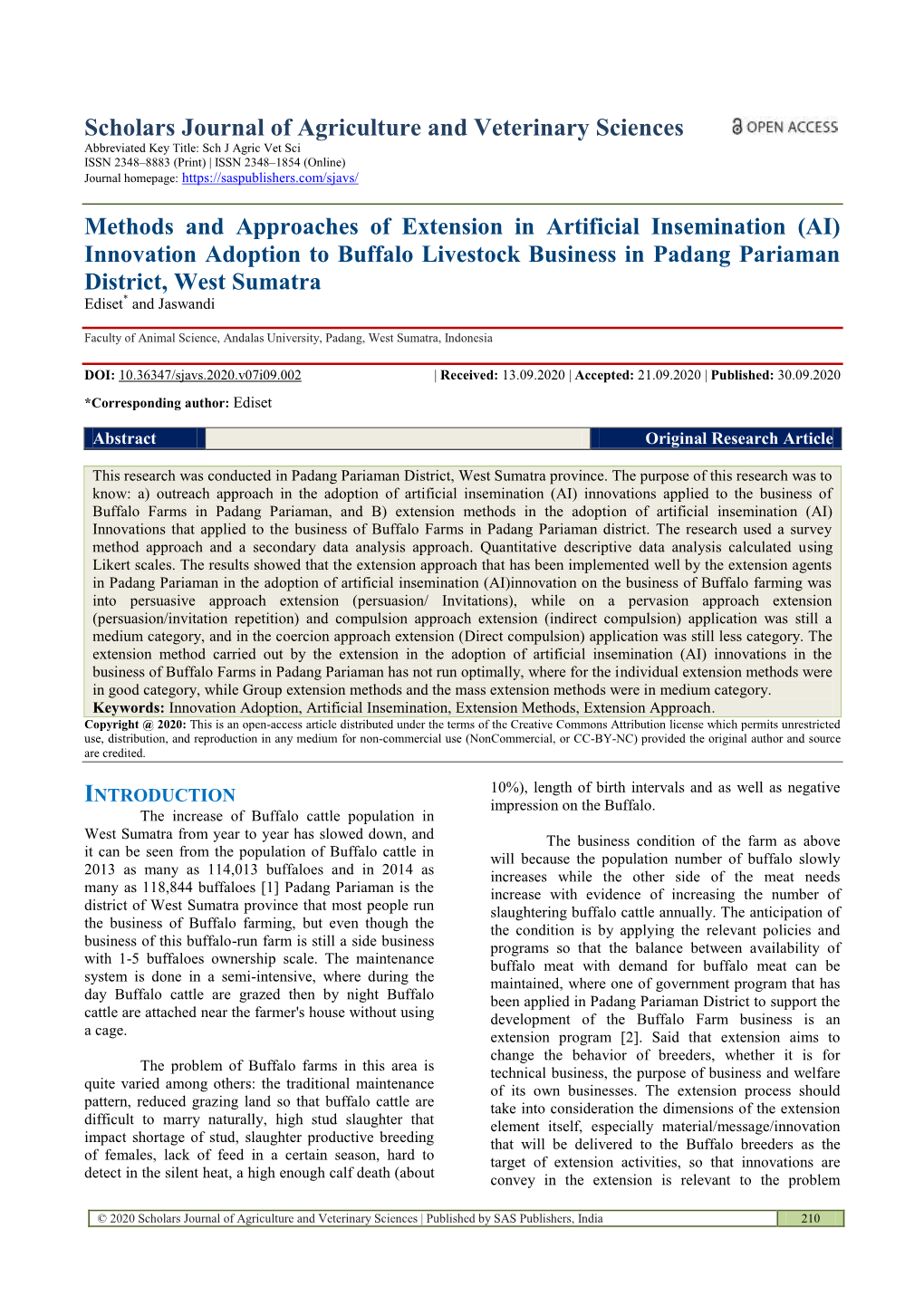 AI) Innovation Adoption to Buffalo Livestock Business in Padang Pariaman District, West Sumatra Ediset* and Jaswandi