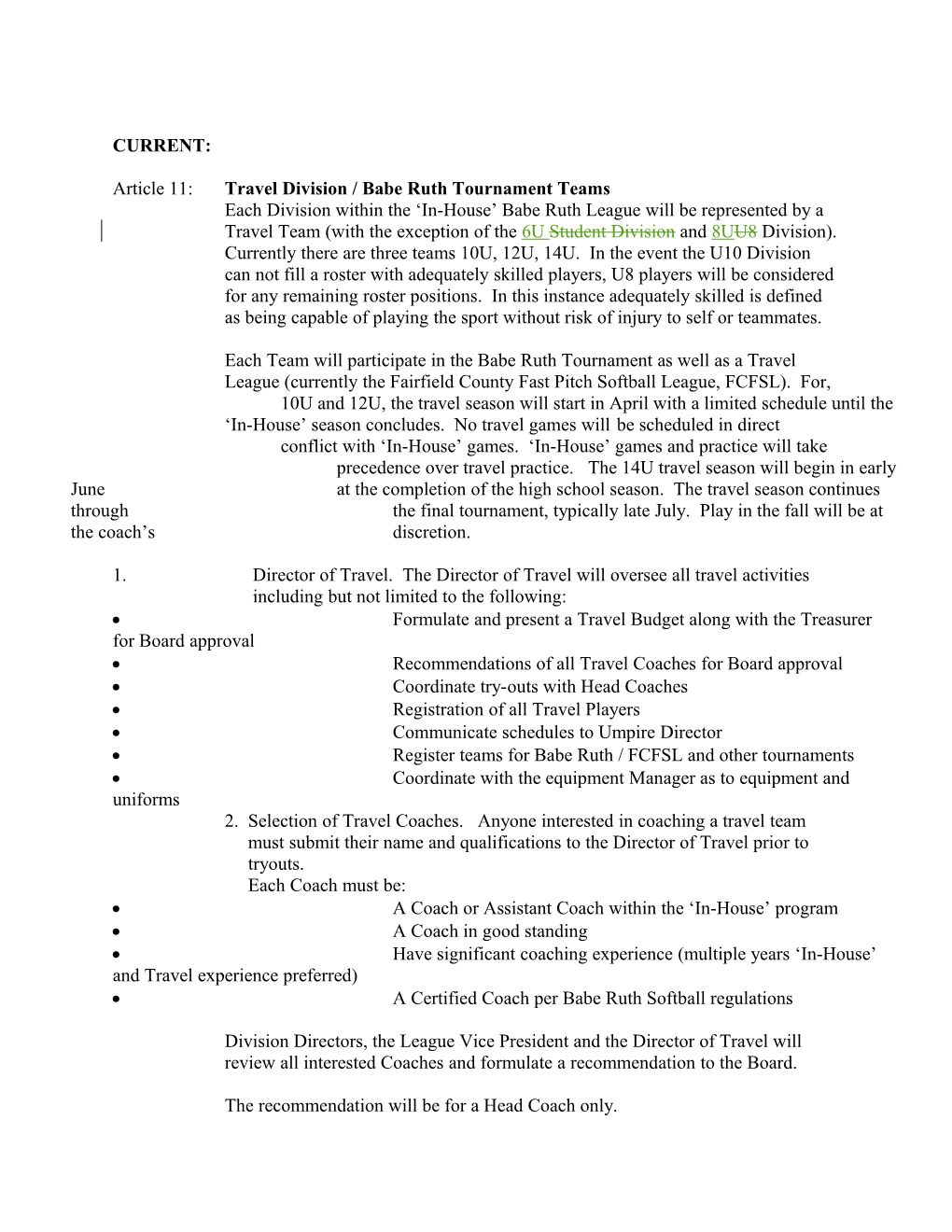 Article 11: Travel Division / Babe Ruth Tournament Teams