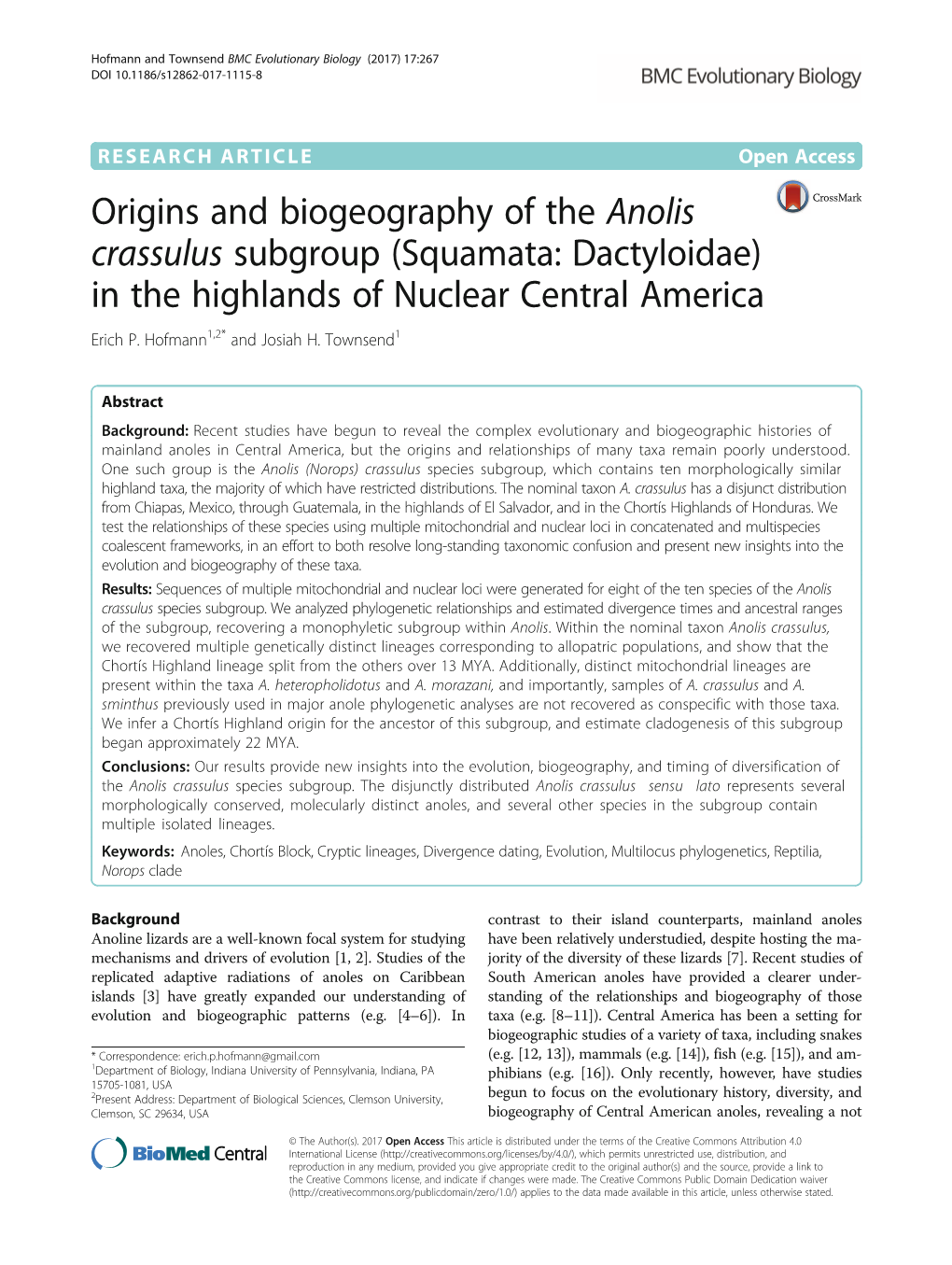 Origins and Biogeography of the Anolis Crassulus Subgroup (Squamata: Dactyloidae) in the Highlands of Nuclear Central America Erich P