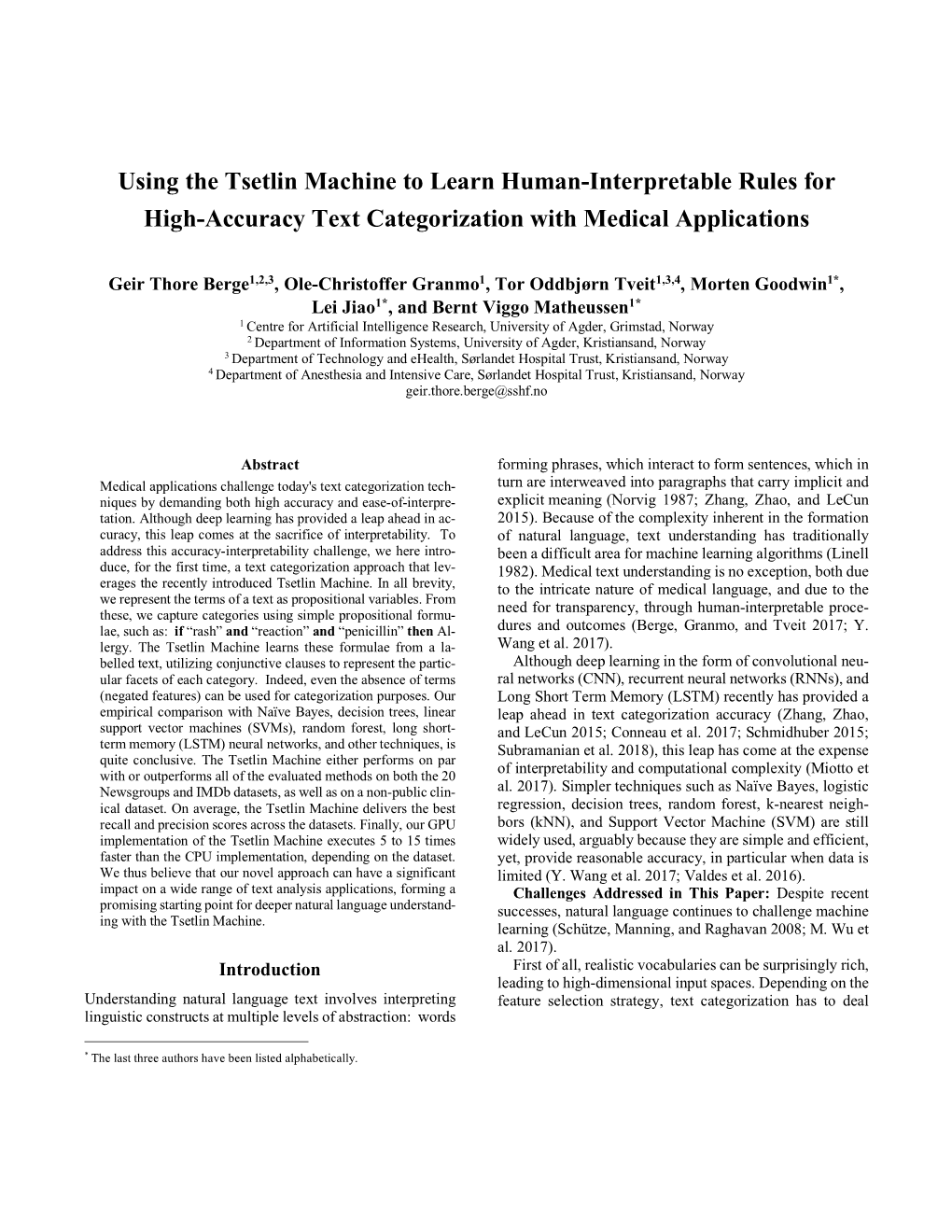 Using the Tsetlin Machine to Learn Human-Interpretable Rules for High-Accuracy Text Categorization with Medical Applications