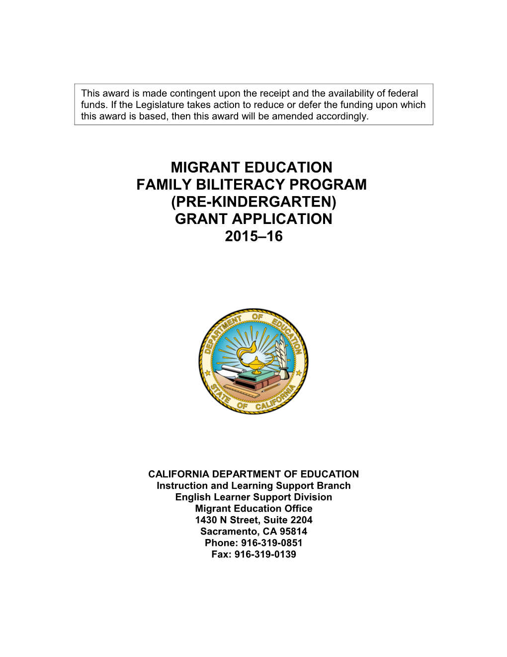 RFA-16: Migrant Family Biliteracy (CA Dept of Education)