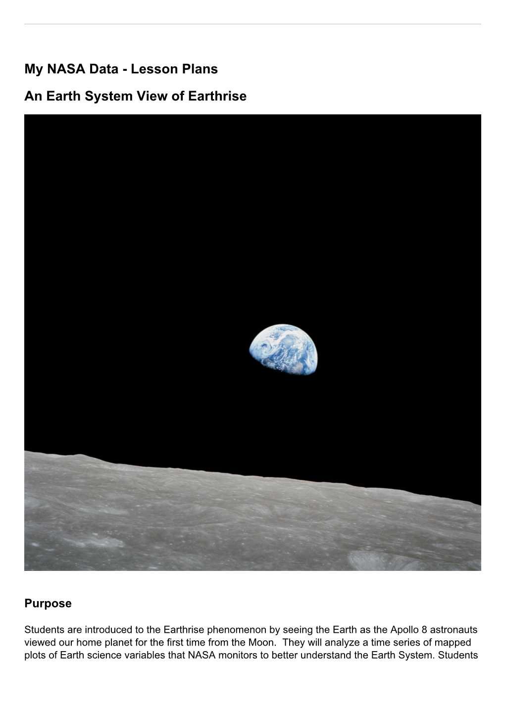 Lesson Plans an Earth System View of Earthrise