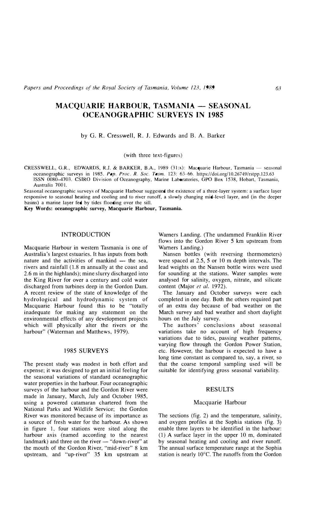 Macquarie Harbour, Tasmania - Seasonal Oceanographic Surveys in 1985