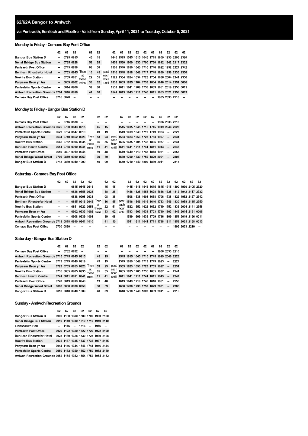 62/62A Bangor to Amlwch Via Pentraeth, Benllech and Moelfre - Valid from Sunday, April 11, 2021 to Tuesday, October 5, 2021