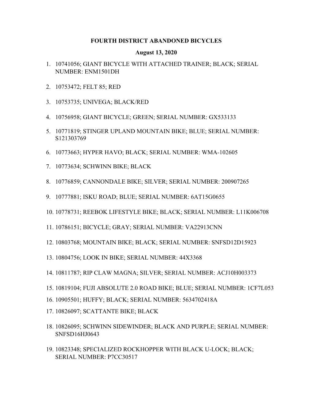 FOURTH DISTRICT ABANDONED BICYCLES August 13, 2020 1