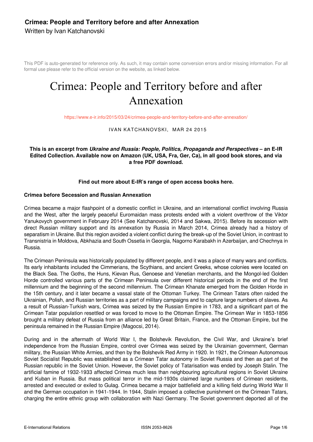 Crimea: People and Territory Before and After Annexation Written by Ivan Katchanovski